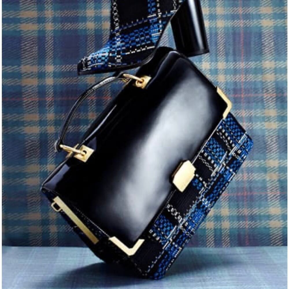 Aldo Rise Ostwald Helgason Tweed Crossbody Bag Blue Leather Trim Pockets